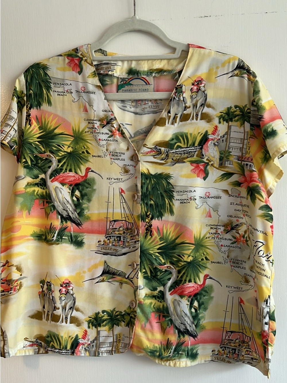 Paradise Found Women's Yellow Tropical Button-Down Shirt Florida theme